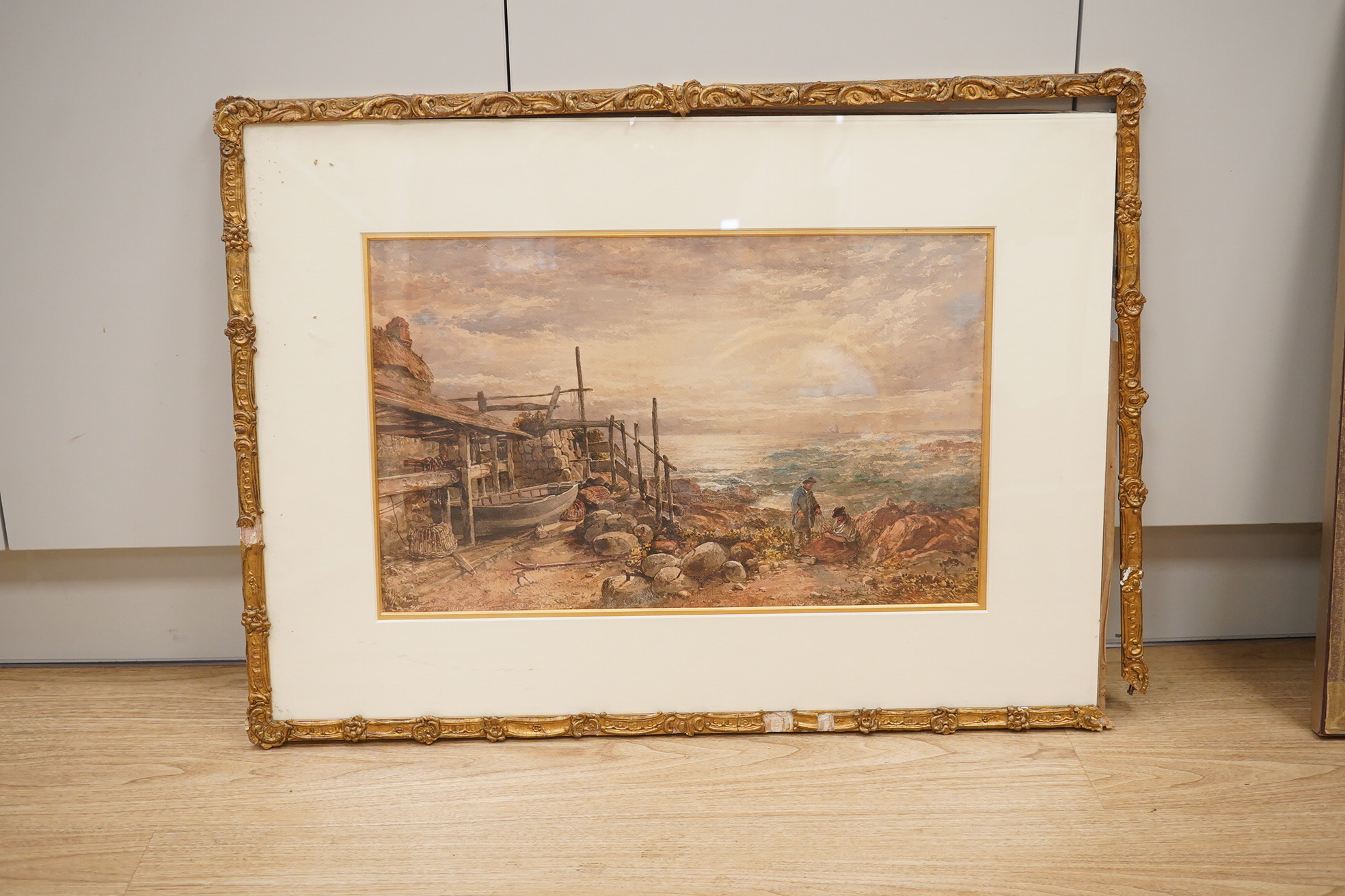 James George Philp (1816-1885), watercolour, Coastal view, fisherman and woman, signed, 33 x 55cm. Condition - fair